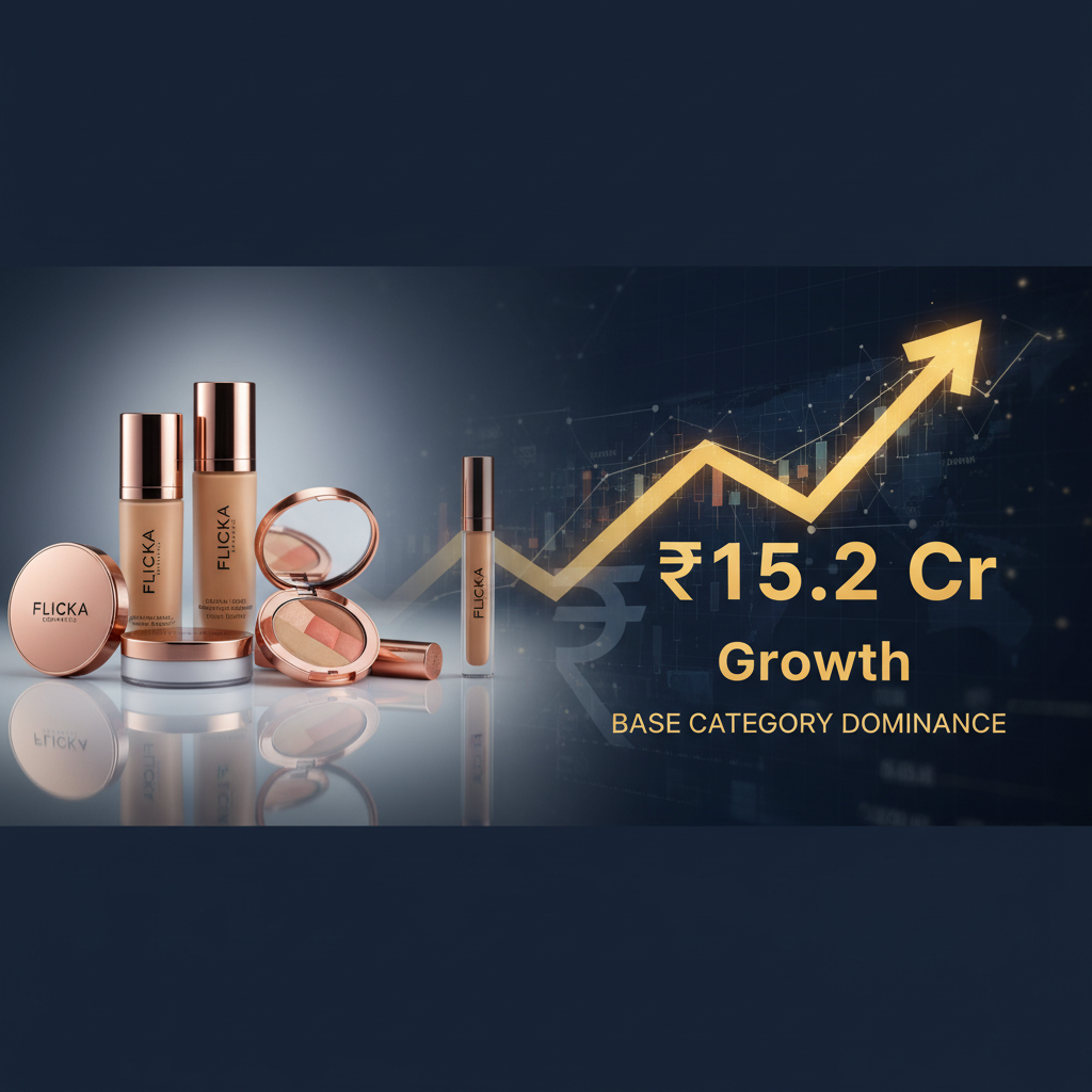 A professional image showing FLiCKA cosmetic products with an upward trending arrow and text indicating ₹15.2 Cr growth.