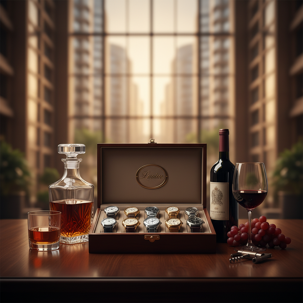 A luxurious display of high-end watches, whisky, and red wine with a cityscape background.