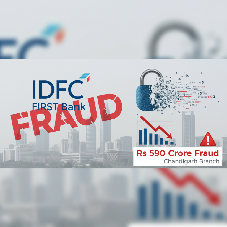 A professional visual representing bank fraud, with the IDFC FIRST Bank logo, 'FRAUD' in bold, and declining financial graphs.