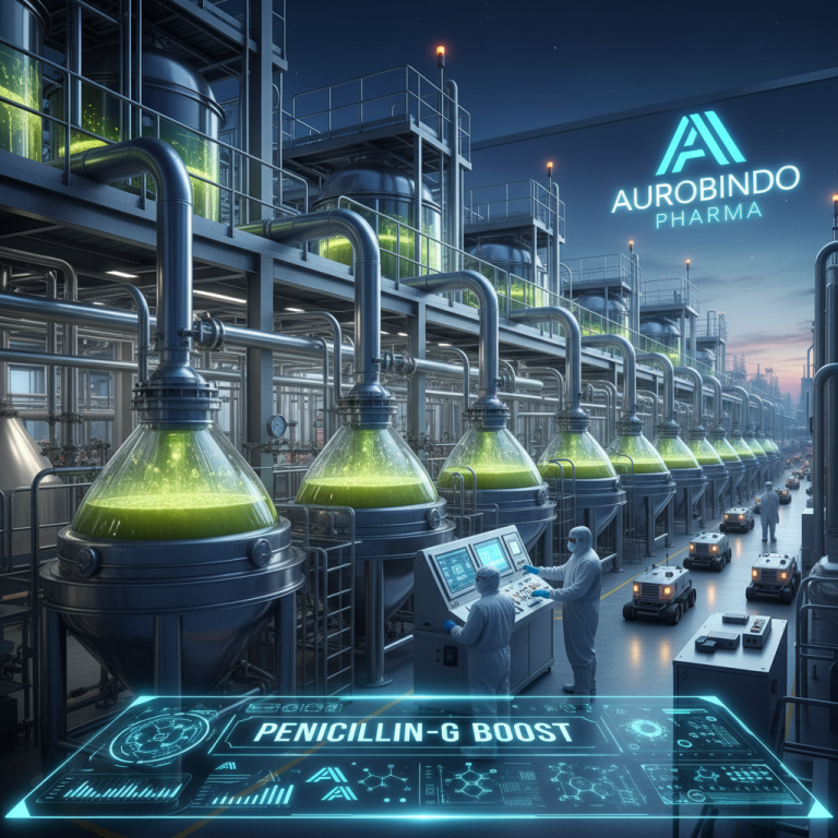 A modern pharmaceutical manufacturing plant with large bioreactors, technicians in clean suits, and the Aurobindo Pharma logo.