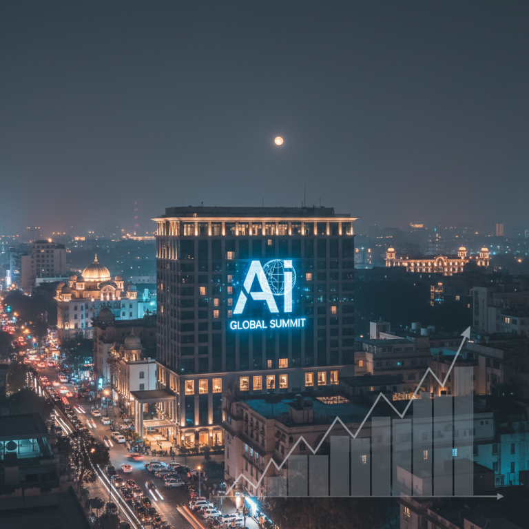 ** Night view of a bustling Delhi street with a prominent hotel illuminated by an "AI Global Summit" sign and an overlayed upward trend graph.