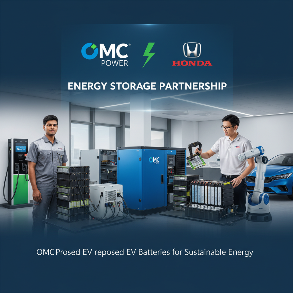 Two engineers, one from OMC Power and one from Honda, working on EV battery energy storage solutions.