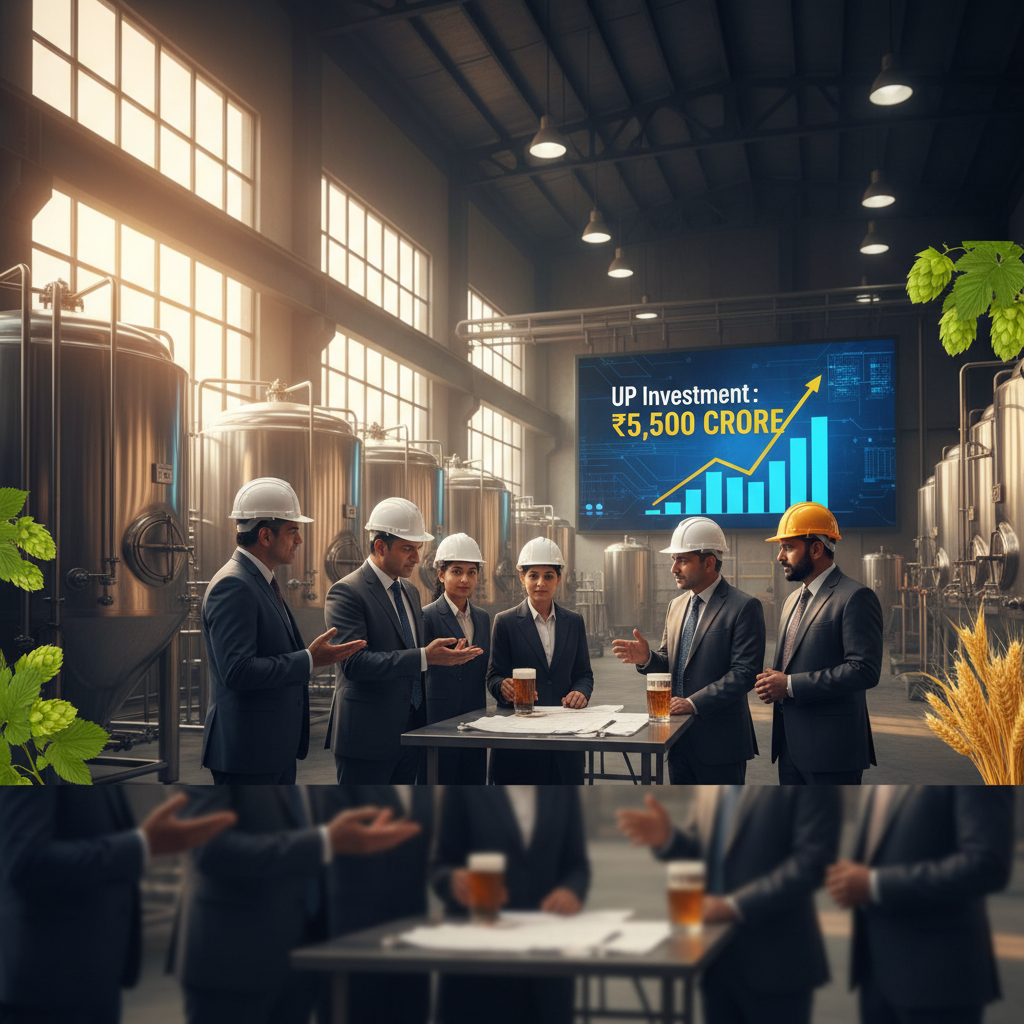 Business professionals discussing investments in a brewery, with hops and barley.