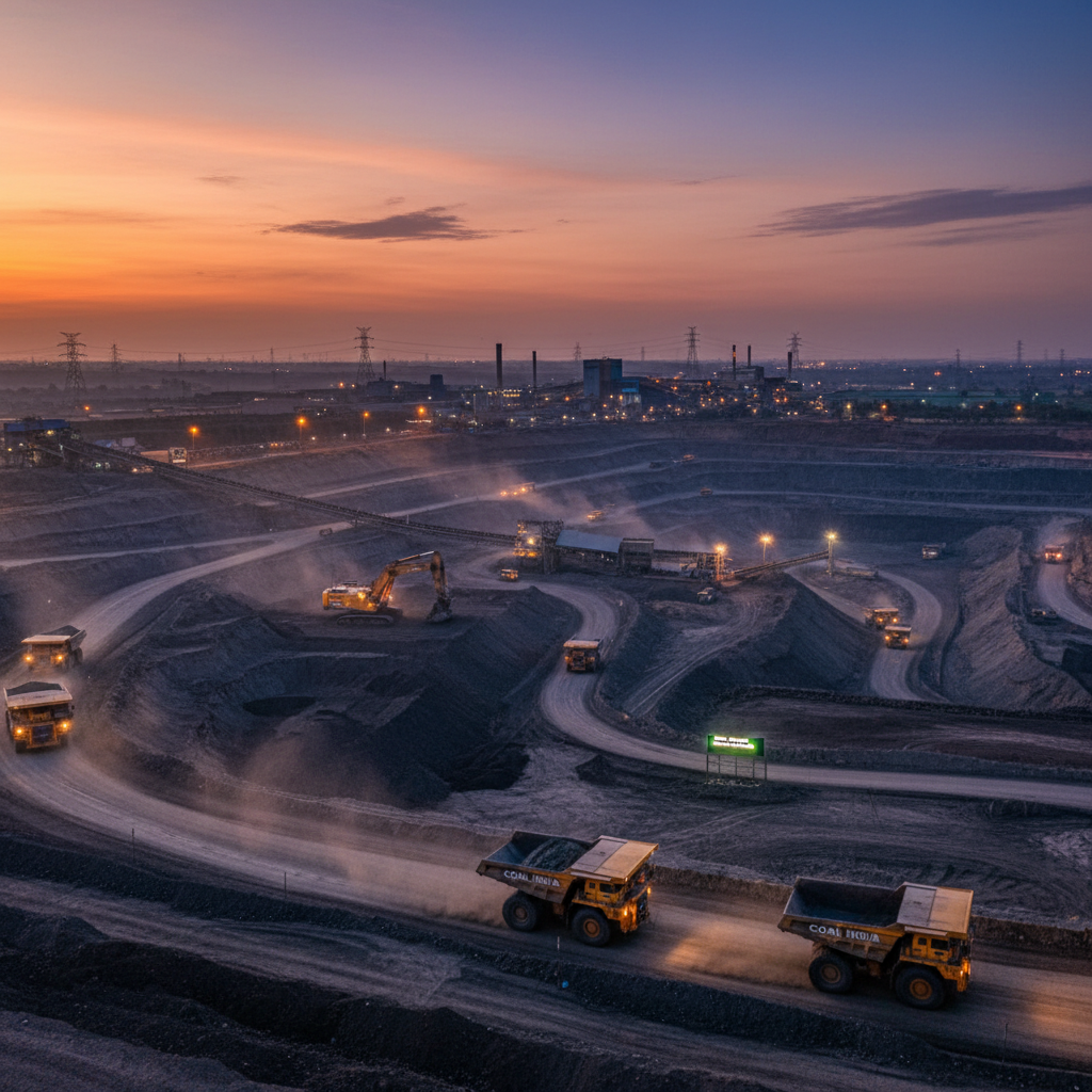 An aerial shot of the Gevra open-pit coal mine at dusk, with industrial machinery and trucks.
