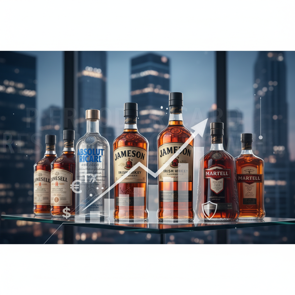 Pernod Ricard bottles with a rising arrow chart against a city skyline, symbolizing growth and market resilience.