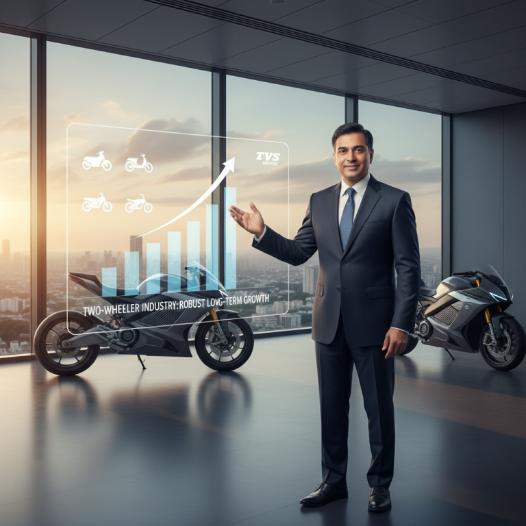A professional man in a suit gestures towards a holographic display showing an upward trend and motorcycle silhouettes.