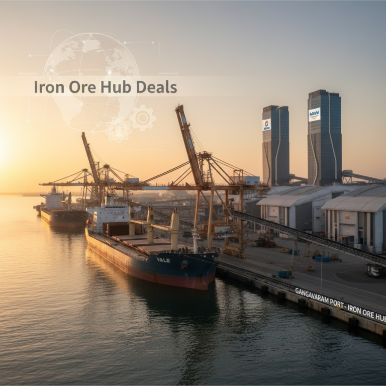 Ships and cranes at a port with "Iron Ore Hub Deals" and "Adani" logos.