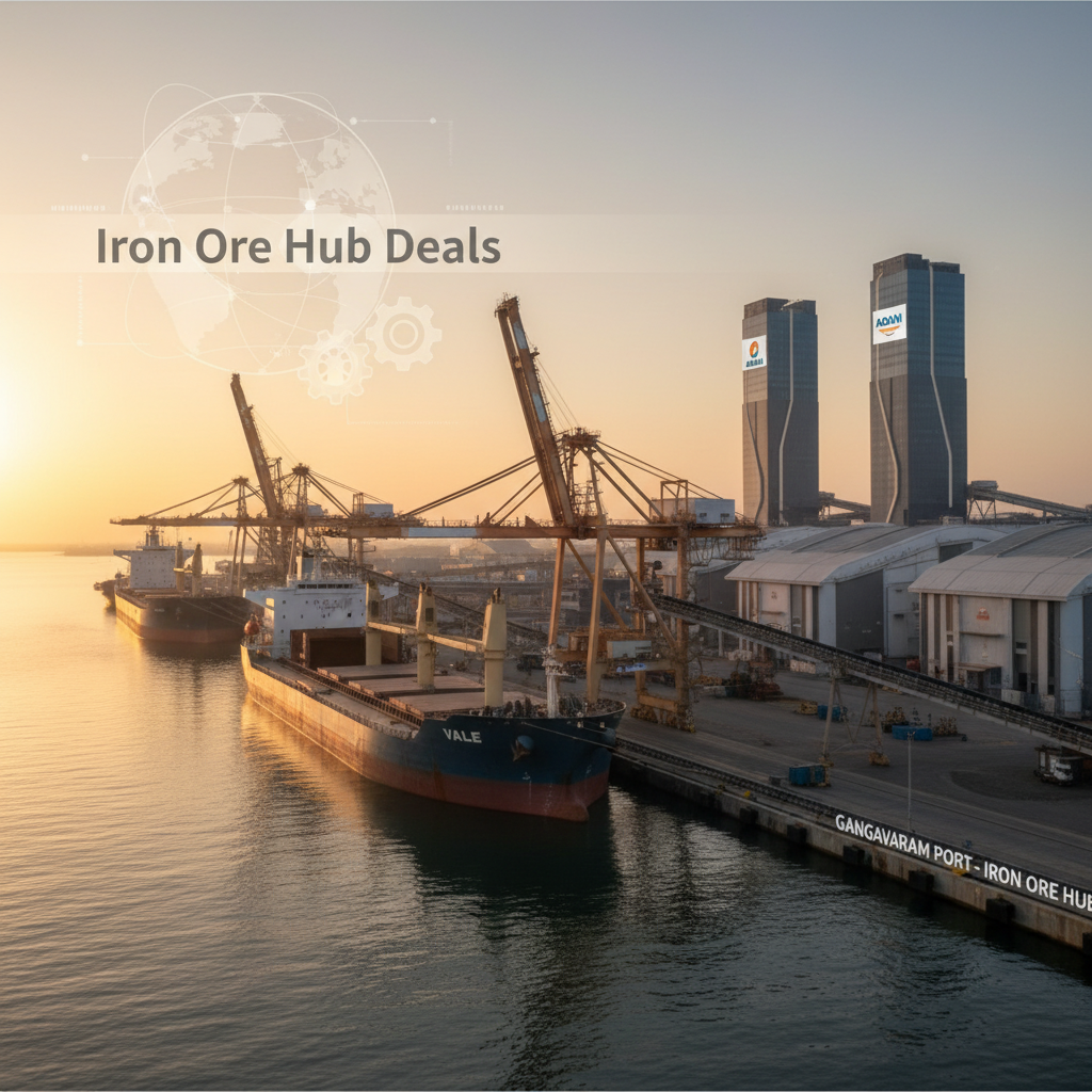 Ships and cranes at a port with "Iron Ore Hub Deals" and "Adani" logos.