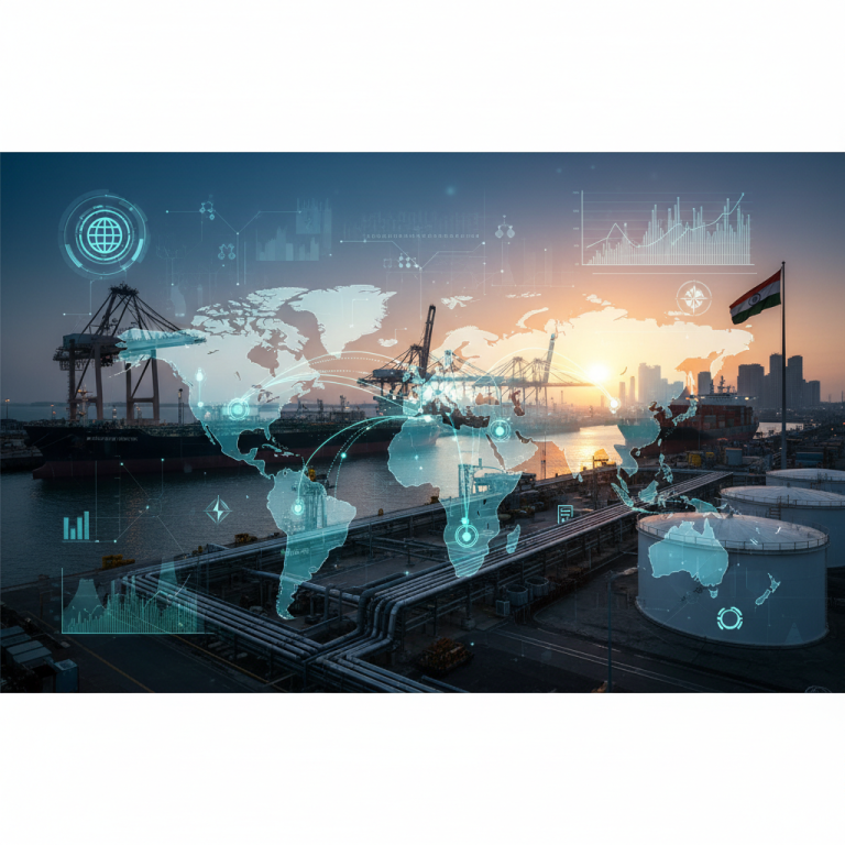 A digital overlay of a world map and data visuals on an oil refinery and shipping port at sunset with the Indian flag.