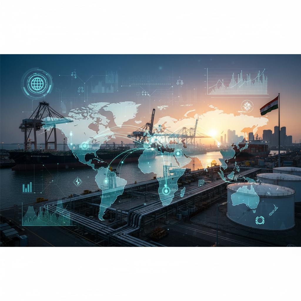 A digital overlay of a world map and data visuals on an oil refinery and shipping port at sunset with the Indian flag.