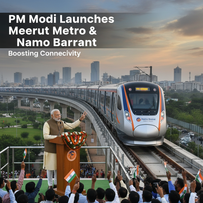 Indian Prime Minister Narendra Modi speaking at a podium with a modern "Namo Bharat" metro train on elevated tracks behind him.