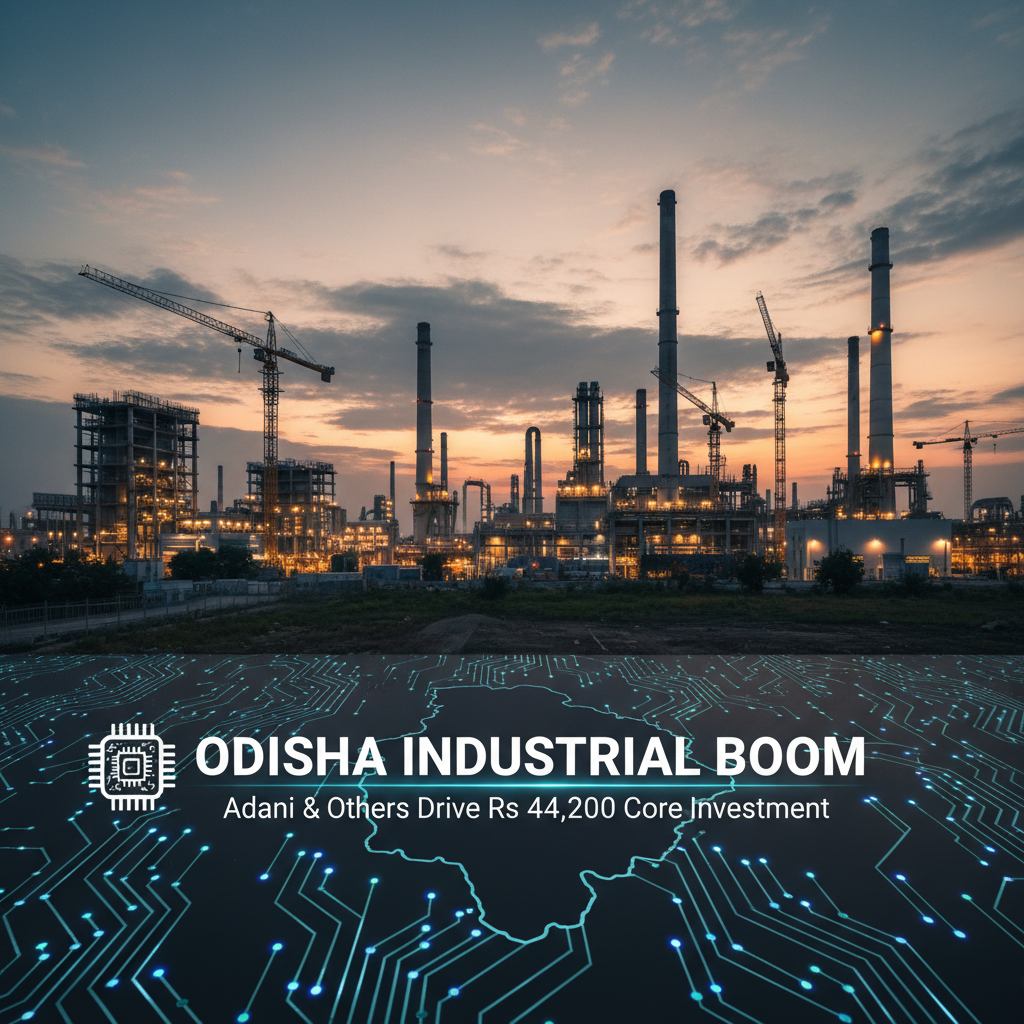 An industrial complex at sunset, with a circuit board overlay representing Odisha's industrial boom and electronics manufacturing.