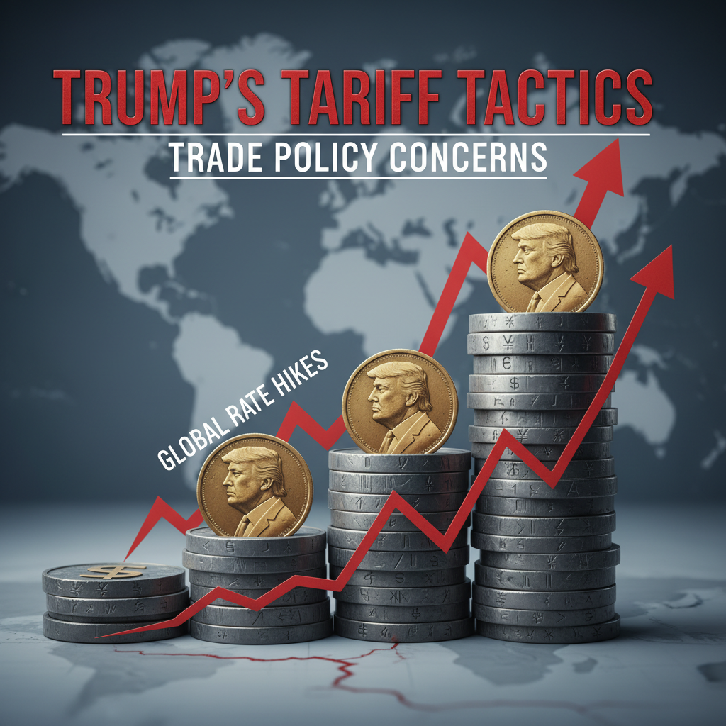 Image illustrating Trump's tariff tactics with rising stacks of coins, a red arrow, and a world map.