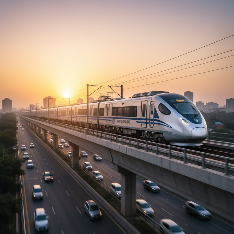 A modern Namo Bharat metro train on an elevated track above a multi-lane highway with blurred car lights at sunset.