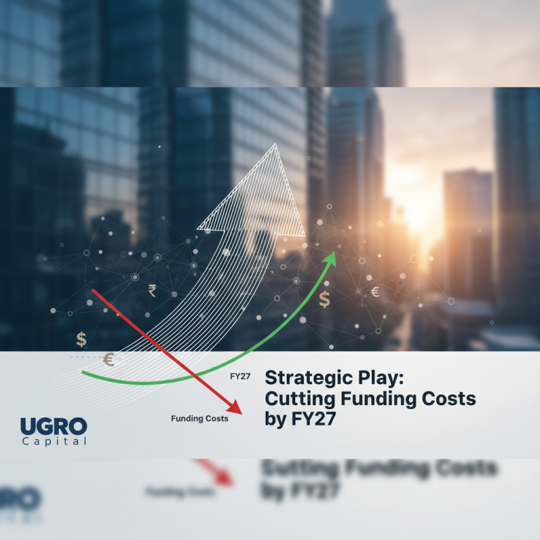 A modern graphic showing financial growth and cost reduction, with arrows and currency symbols against a city skyline.