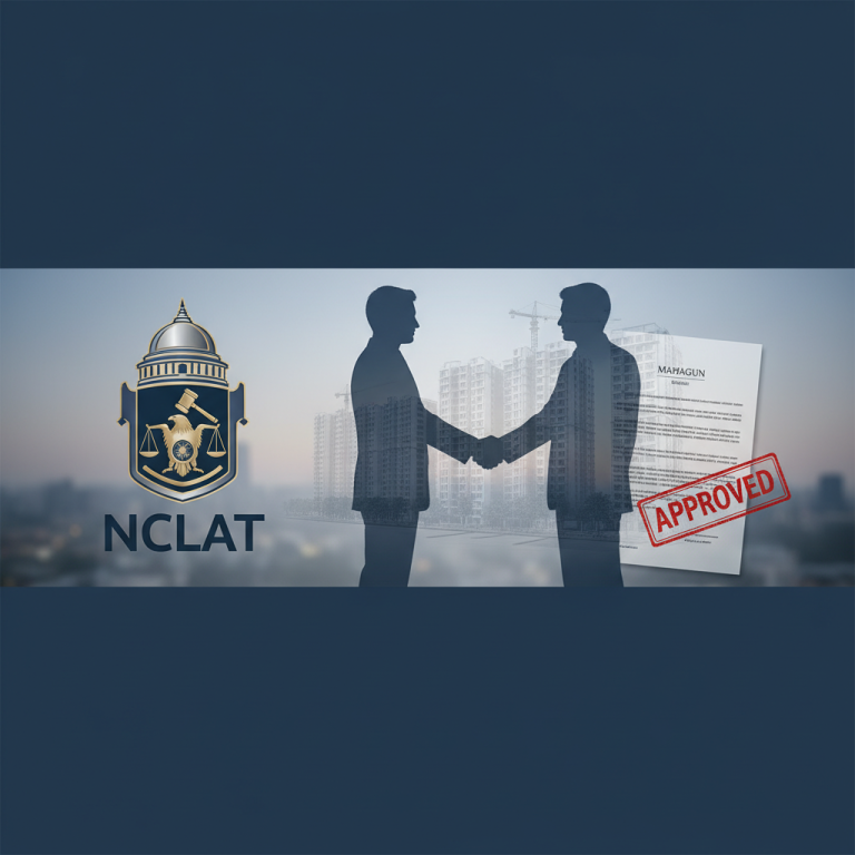 A professional image showing a handshake over a background of buildings, with the NCLAT logo and an "APPROVED" stamp.