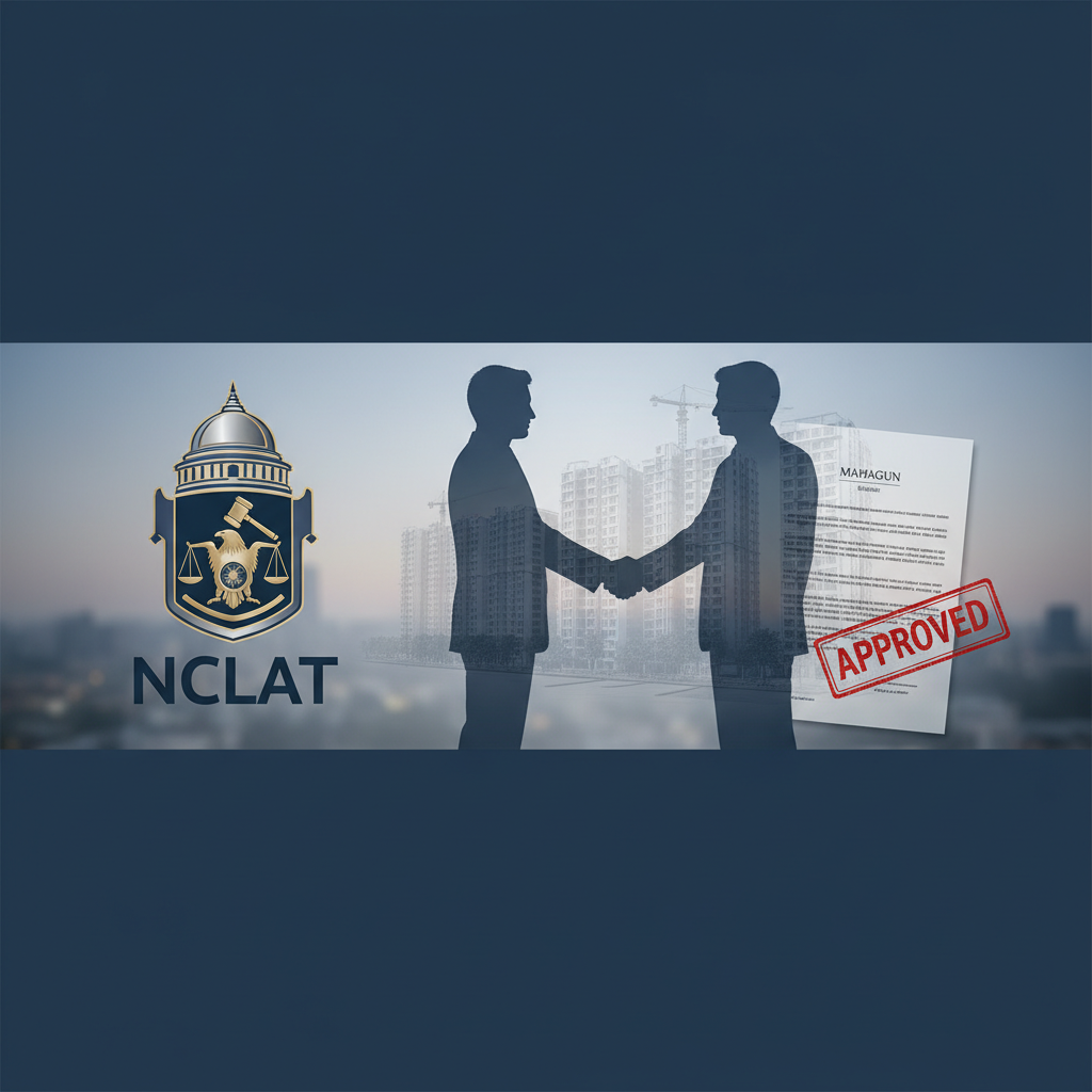 A professional image showing a handshake over a background of buildings, with the NCLAT logo and an "APPROVED" stamp.