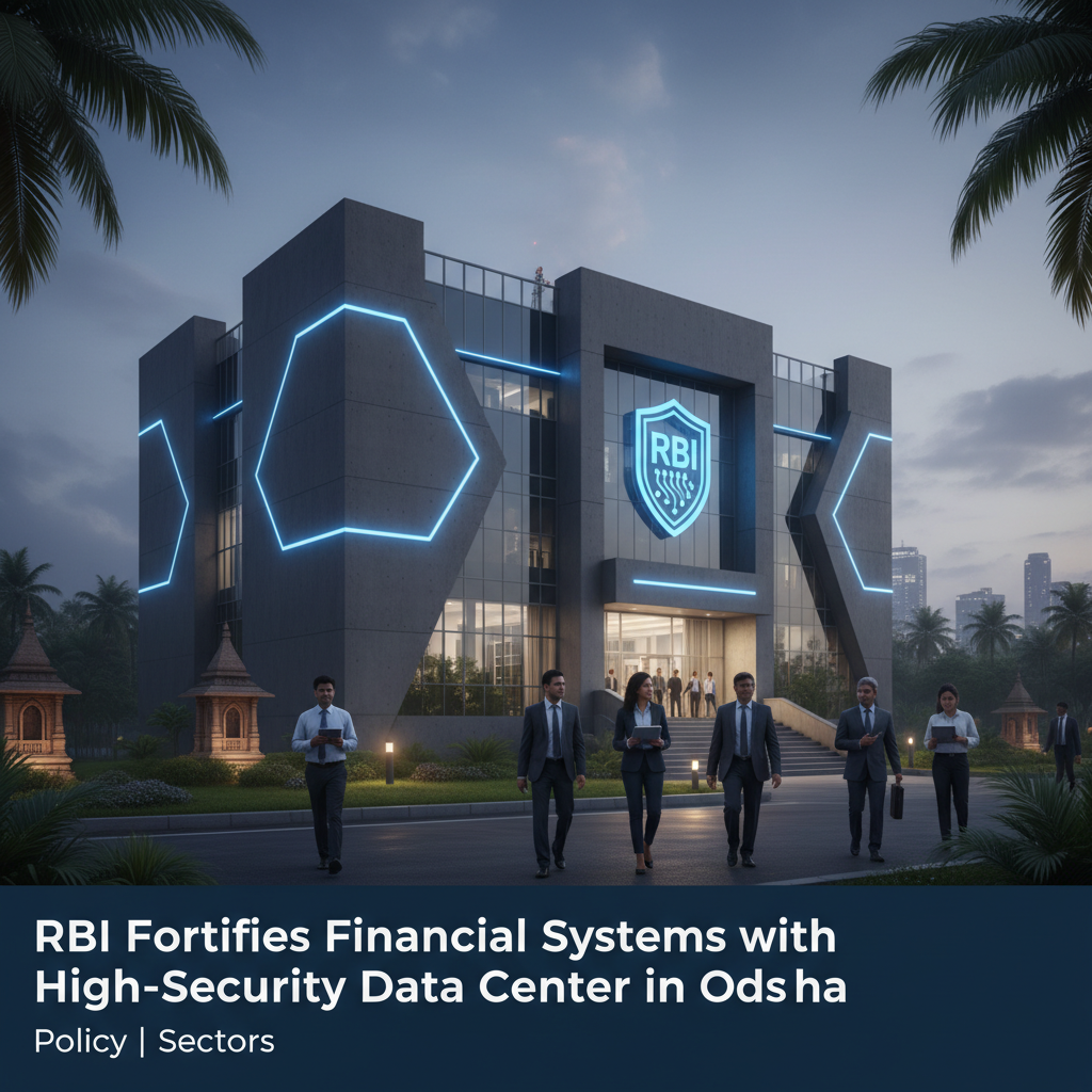 A modern data center building with a prominent RBI logo, surrounded by professionals, under a clear sky.