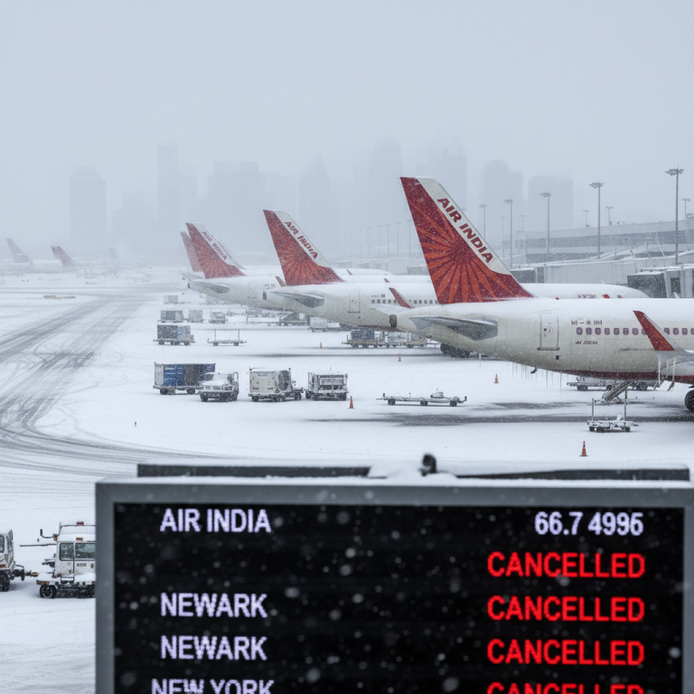 Air India planes grounded in heavy snow with a flight status board showing "CANCELLED" for New York and Newark.