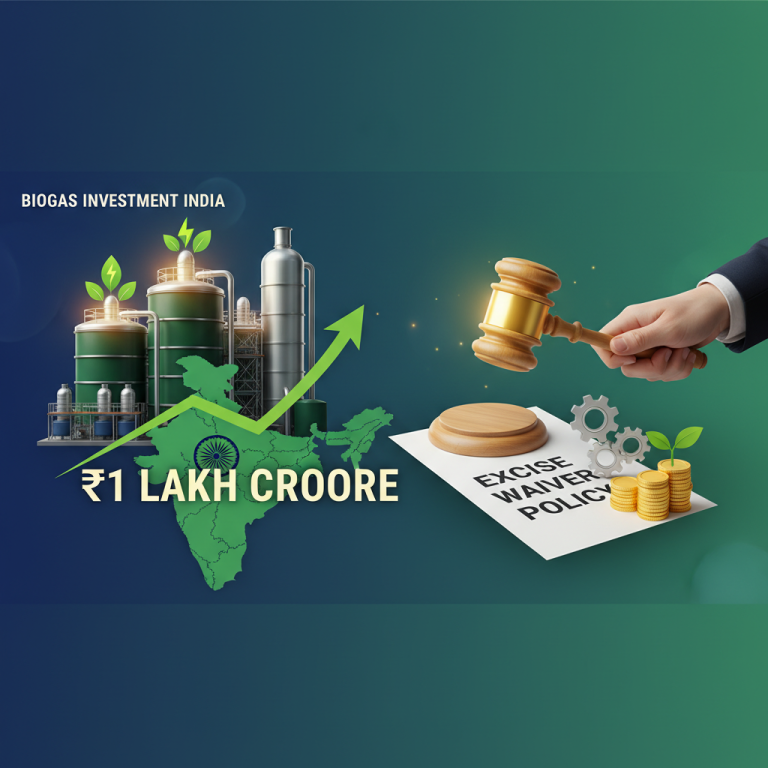 An image showing biogas plants, India's map, coins, a gavel, and text "₹1 LAKH CRORE"