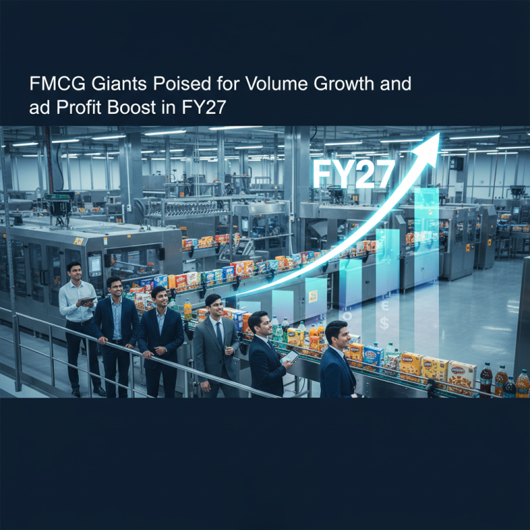 Business professionals observe a conveyor belt of FMCG products with an overlaid growth chart pointing to FY27.