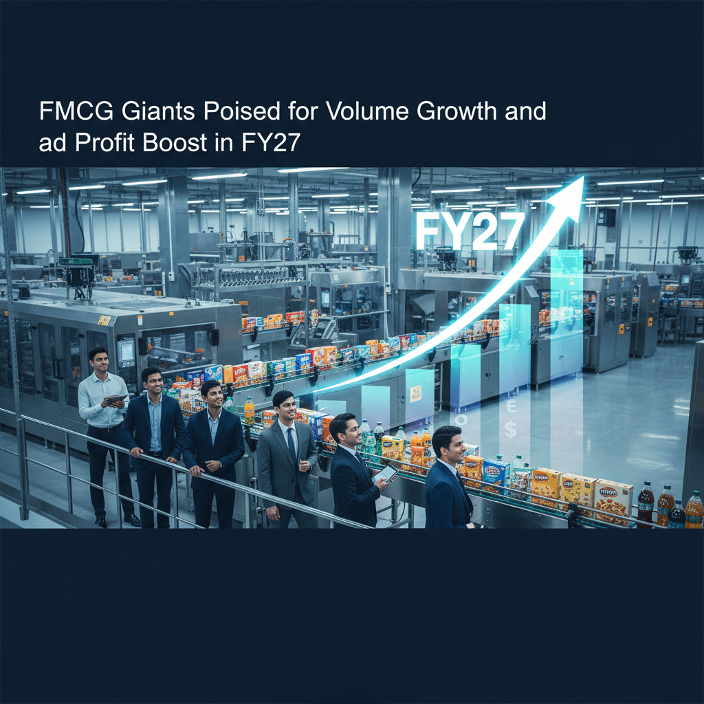 Business professionals observe a conveyor belt of FMCG products with an overlaid growth chart pointing to FY27.