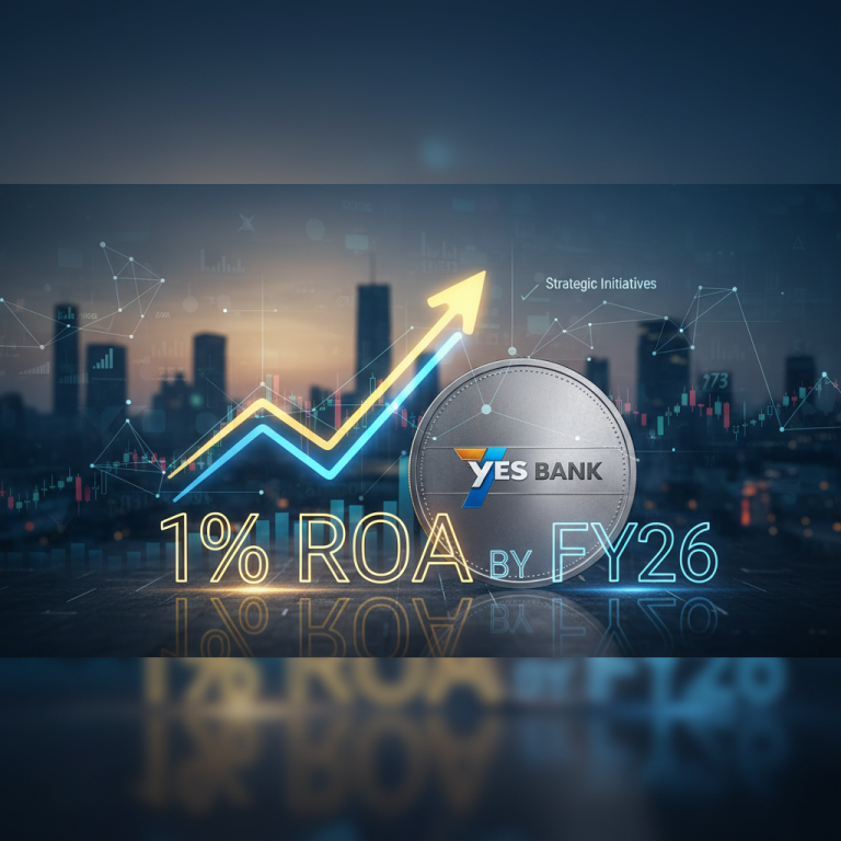 A professional image symbolizing YES Bank's growth, with a coin, rising arrows, and city skyline in the background.