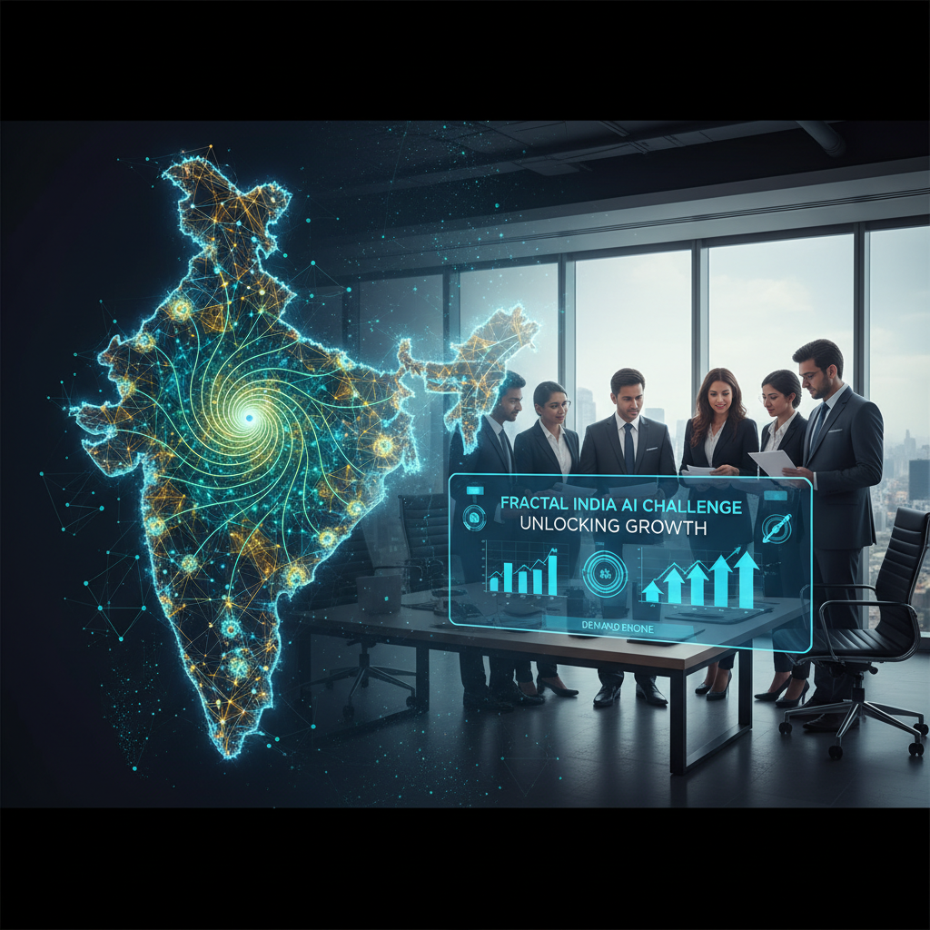 Professionals discussing data with a holographic map of India and growth charts.