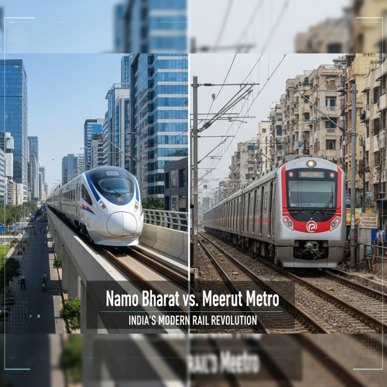 A split image showing a sleek Namo Bharat train on an elevated track and a Meerut Metro train on ground-level tracks.