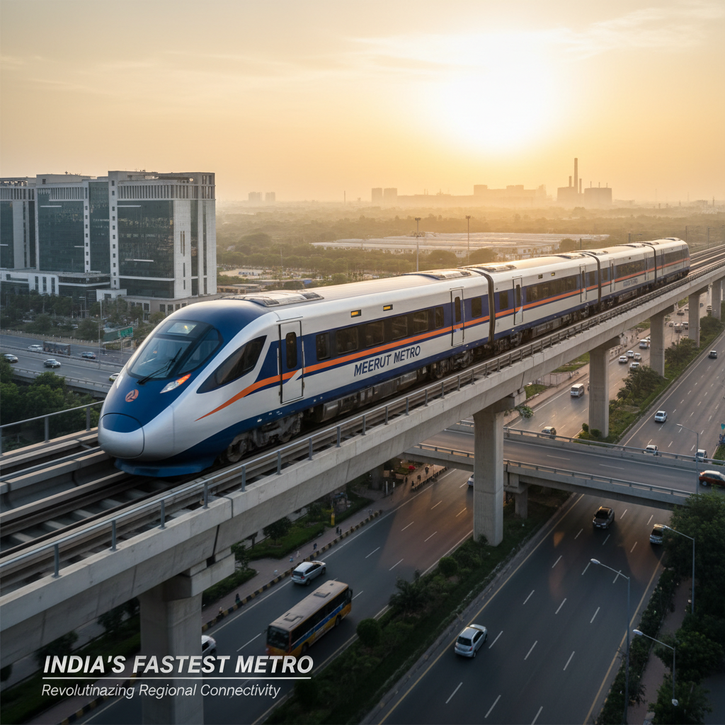 An aerial view of the Meerut Metro train on an elevated track at sunset, with city buildings and highways below.