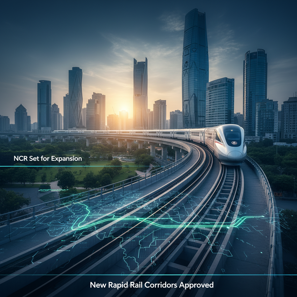 A sleek rapid rail train curves through a futuristic cityscape at sunset, with a digital map overlay highlighting expansion.