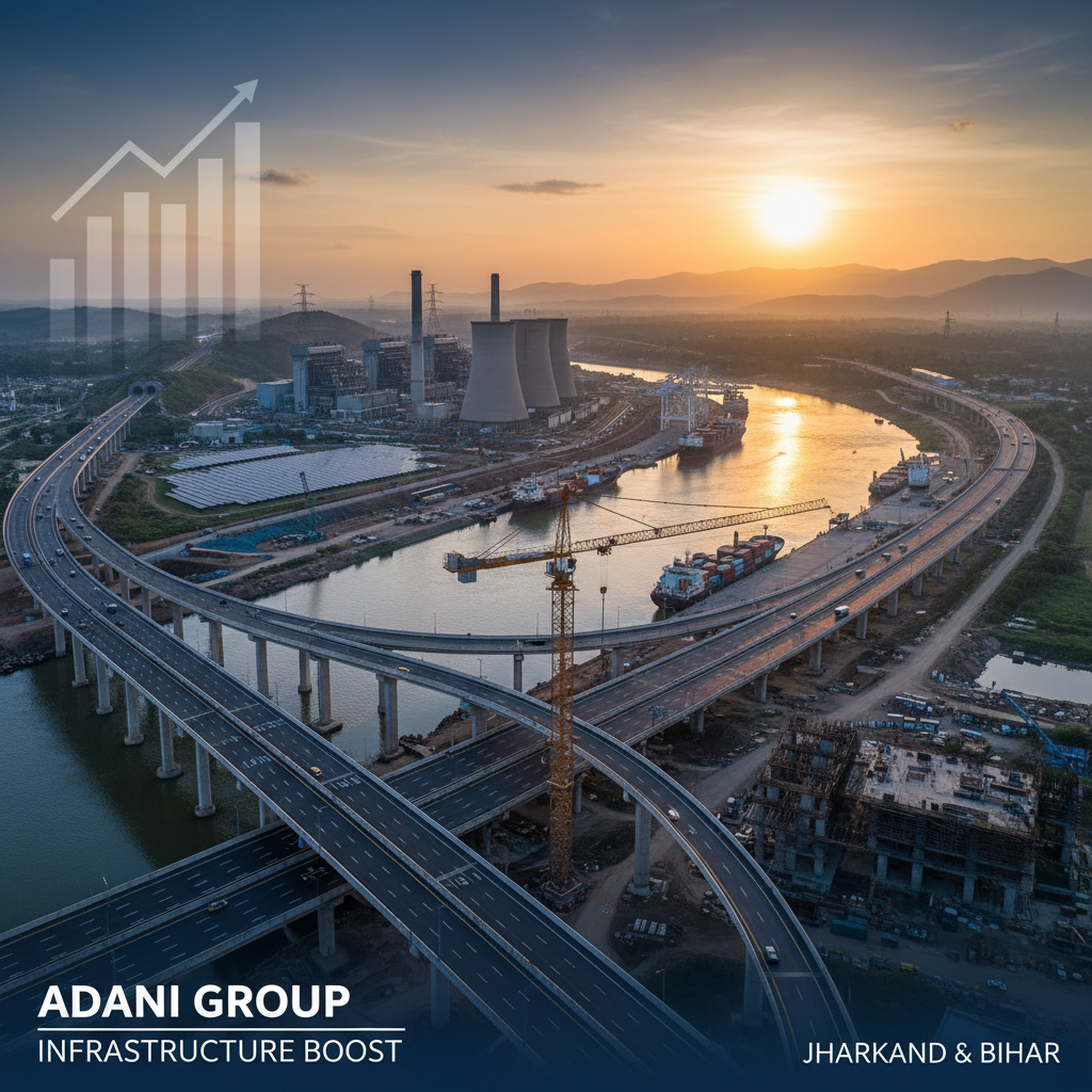 An aerial view of a sprawling infrastructure project with highways, power plants, and industrial docks at sunset.