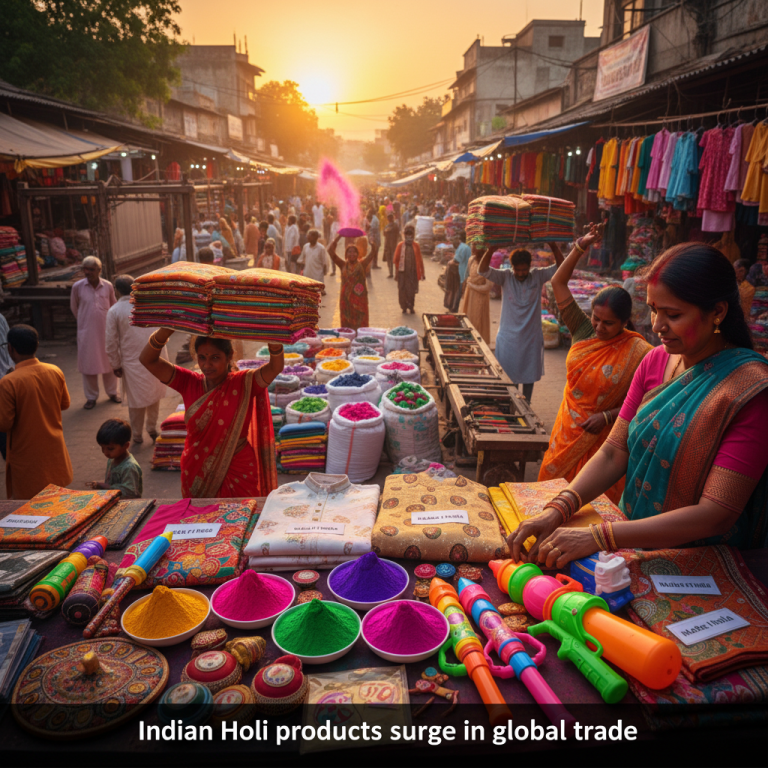 A vibrant Indian market scene with colorful Holi powders, textiles, and water guns for sale.