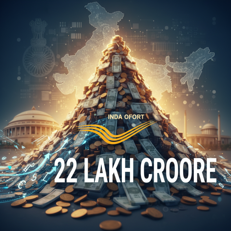 A towering pile of Indian rupees and coins, symbolizing massive savings, with the India Post logo and "22 Lakh Crore" text.