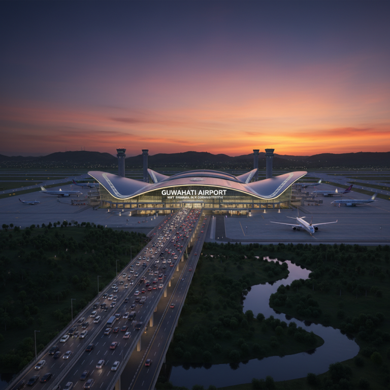 An aerial view of the illuminated Guwahati Airport new terminal at sunset, with airplanes, control towers, and a busy highway.