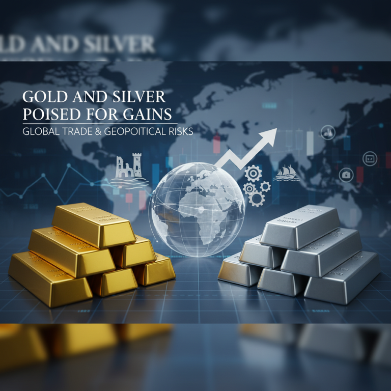 Stacks of gold and silver bars with a global map, upward arrow, and financial charts in the background.