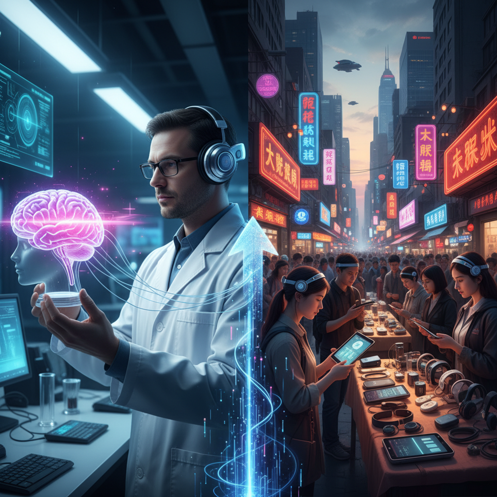 A split image showing a scientist with a brain interface in a lab and people using BCI devices in a bustling Chinese market.