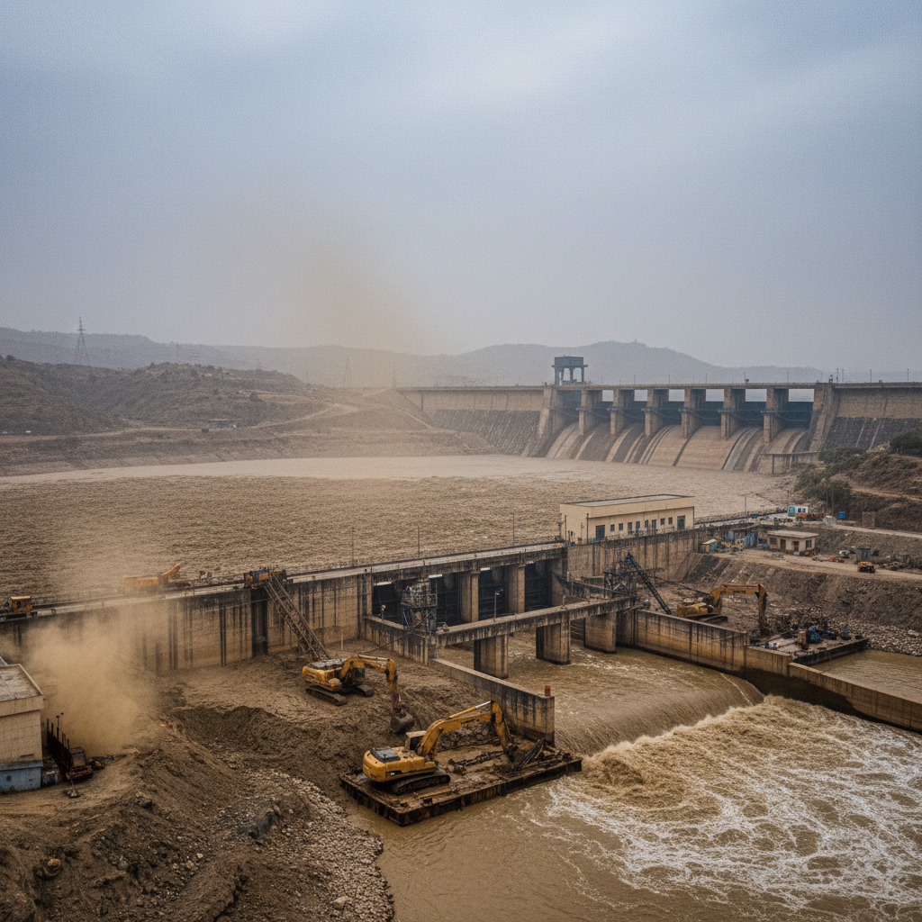 An aerial view of the Salal Power Station dam, with silt-filled water flowing and excavators working to clear sediment.