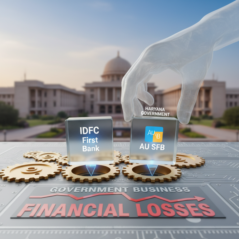 A hand representing the Haryana government removes two bank blocks (IDFC First Bank, AU SFB) from "Government Business" gears.