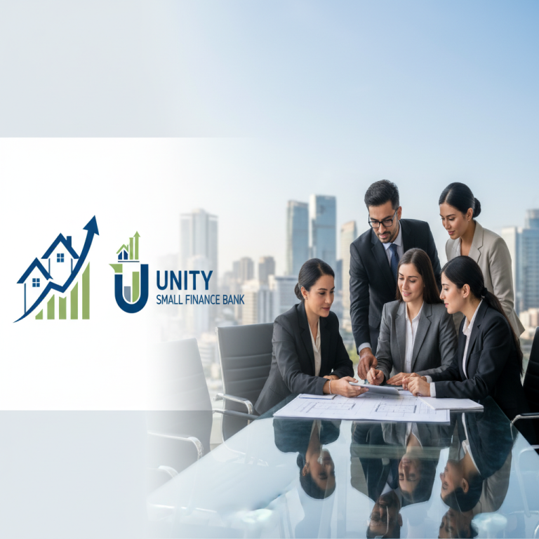 Business professionals discussing housing finance with Unity Small Finance Bank logo.