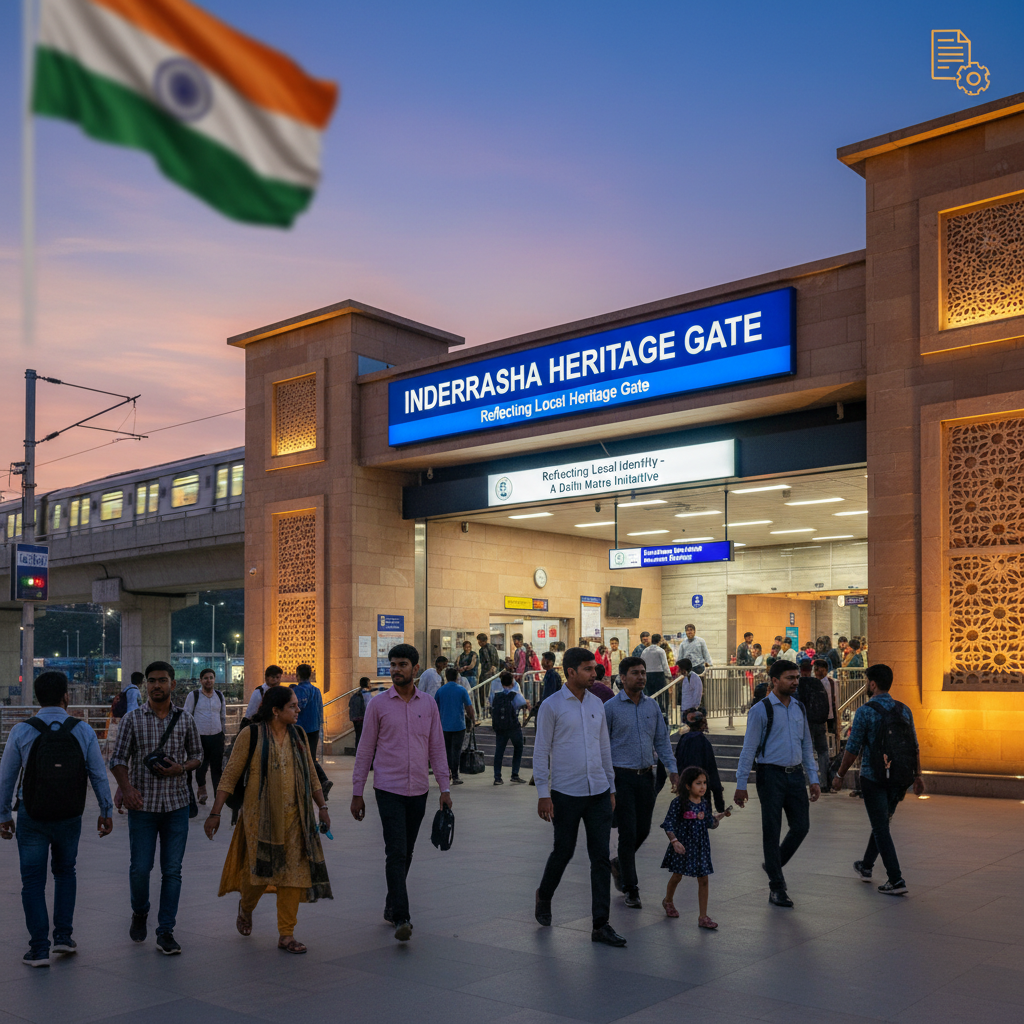People enter and exit the "Inderrasha Heritage Gate" Delhi Metro station at dusk, with the Indian flag waving above.