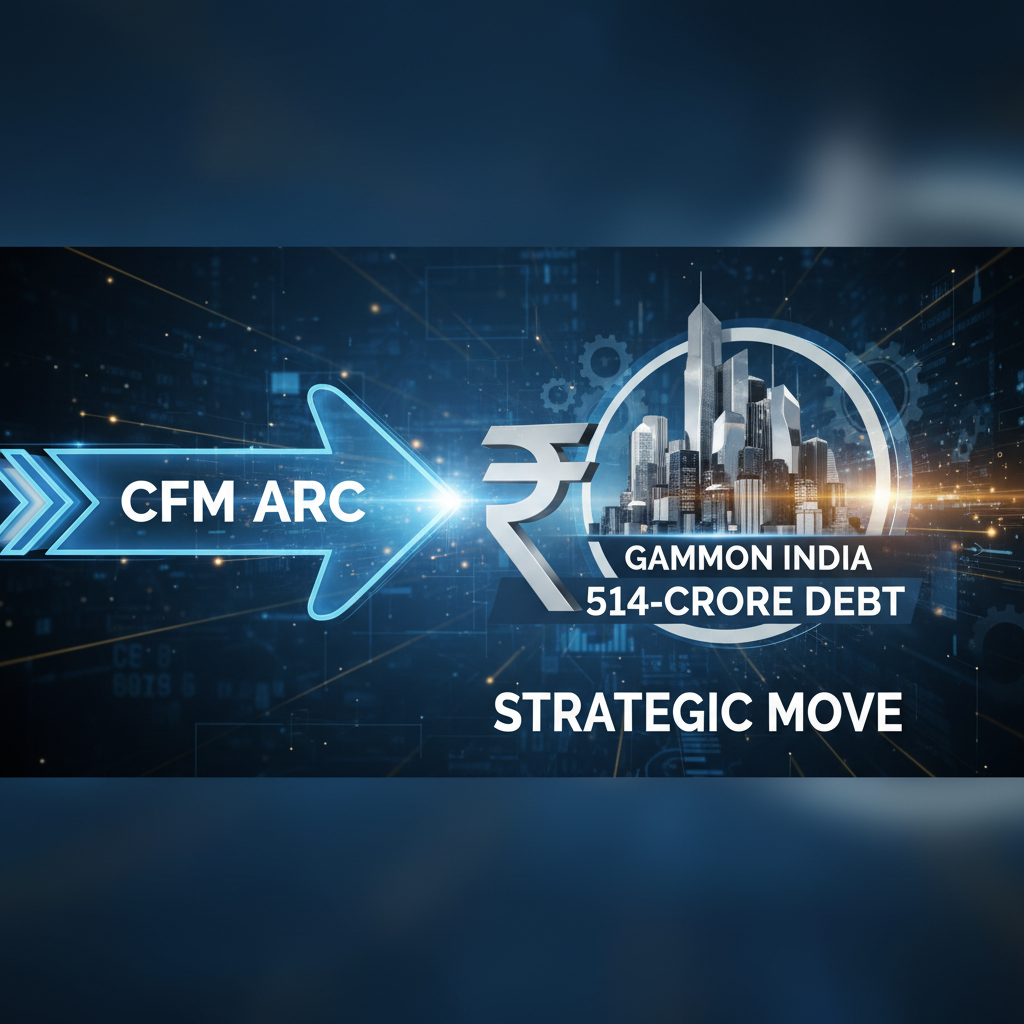 A professional, dark blue image illustrating CFM ARC's bid for Gammon India's debt, with financial and city icons.