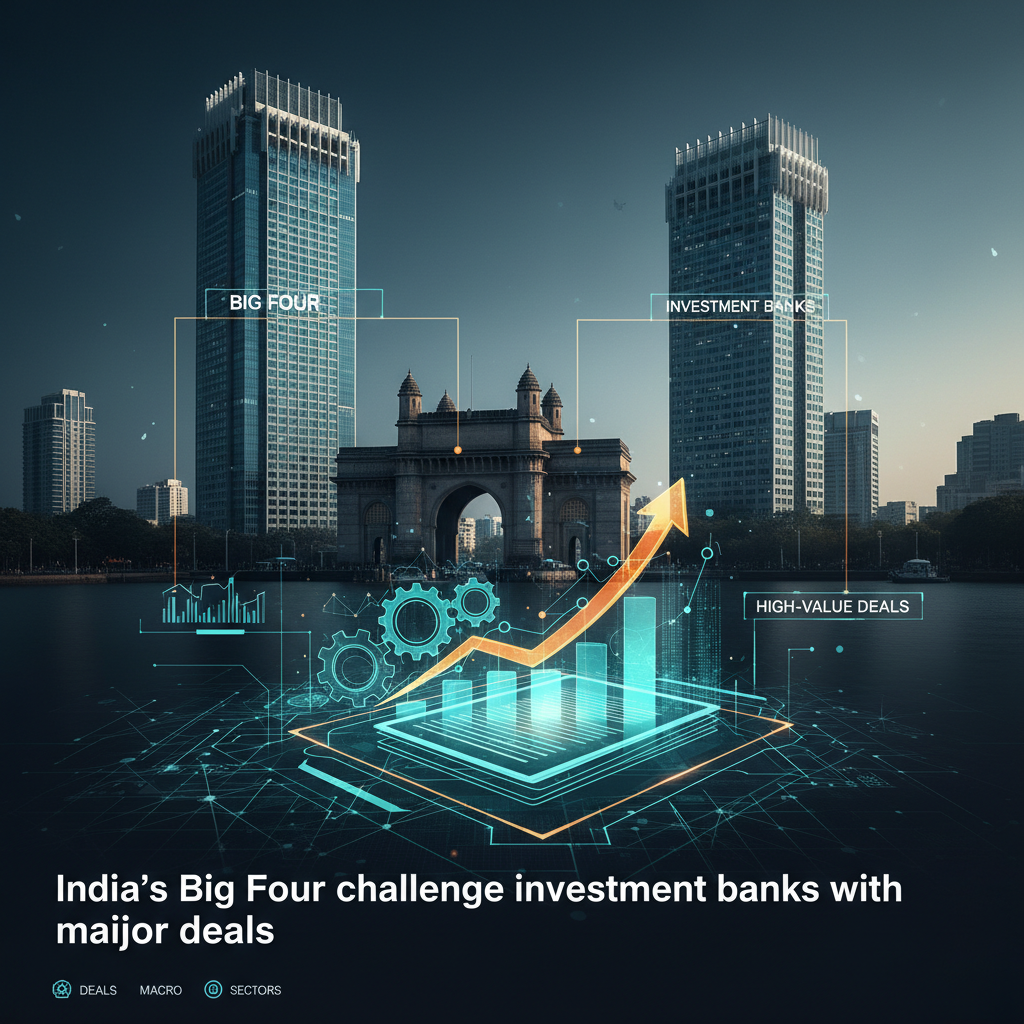 A professional visual representing the "Big Four" firms in India challenging investment banks, with an upward trending graph.