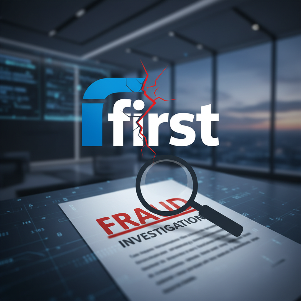 A magnifying glass over a document with "FRAUD INVESTIGATION" text, with the IDFC First Bank logo cracked above.