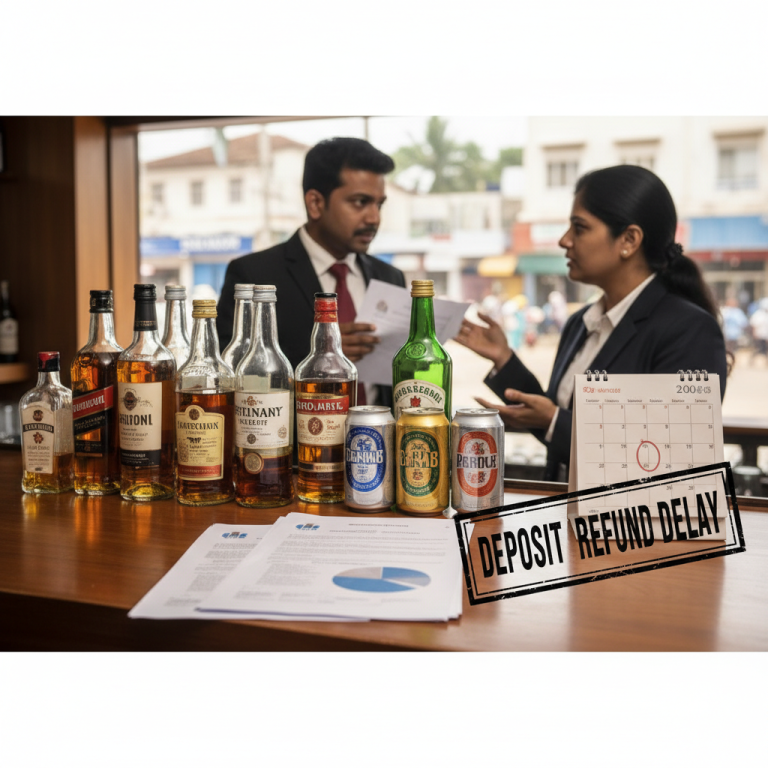 A professional image showing various alcohol bottles and cans with "DEPOSIT REFUND DELAY" stamped across the foreground.