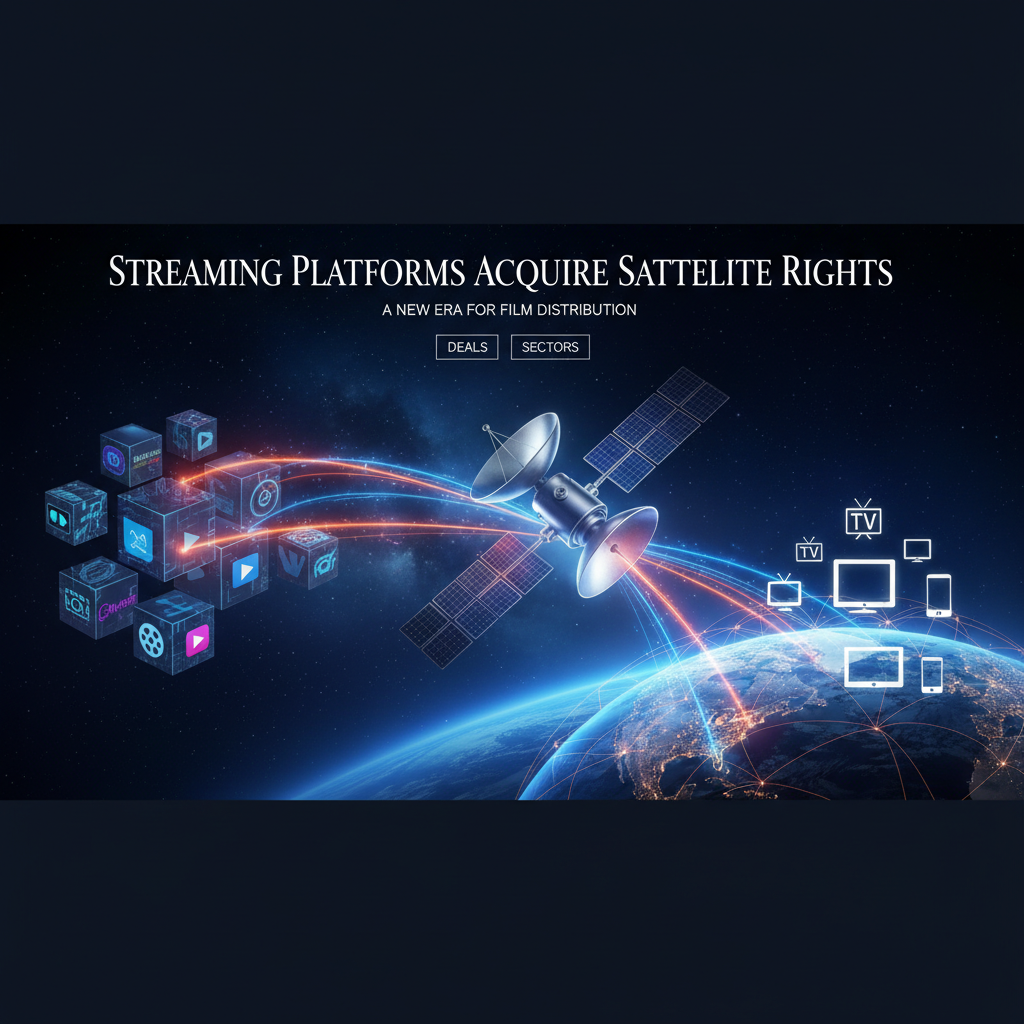 A satellite orbiting Earth, connecting streaming platforms and various screens.