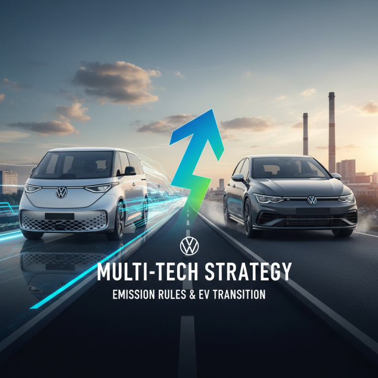 A Volkswagen ID. Buzz and a Golf 8 on a road, symbolizing the transition from traditional to electric vehicles.