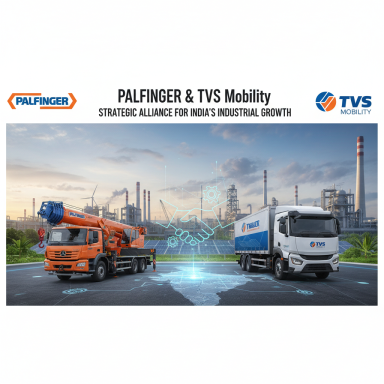 A banner image for an article about Palfinger and TVS Mobility's strategic alliance, featuring industrial vehicles.