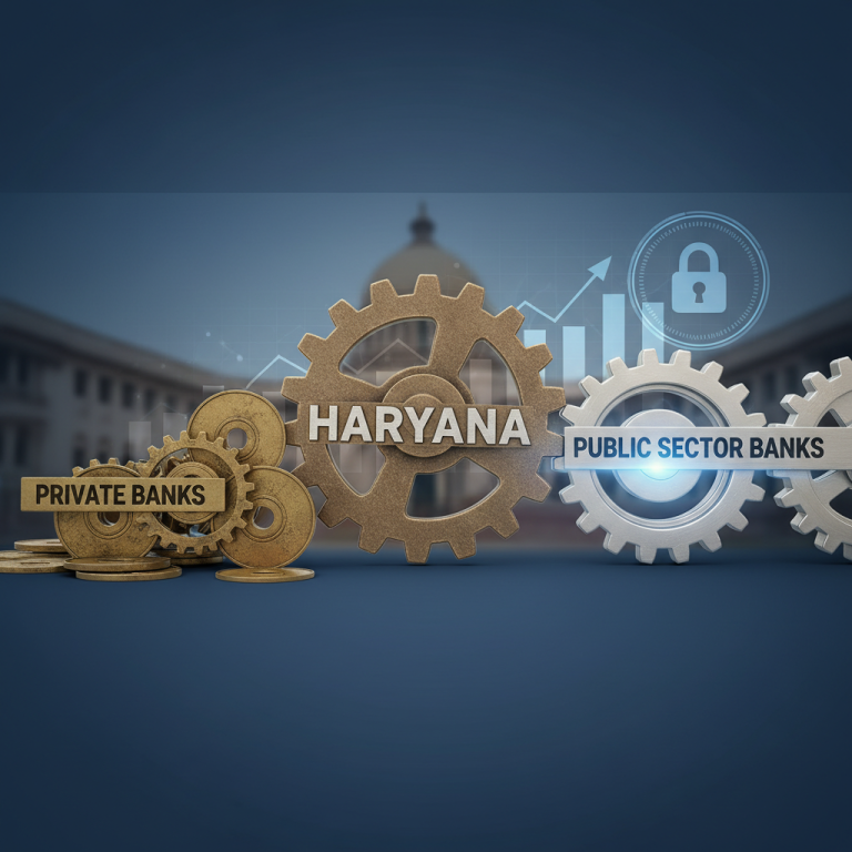 Gears representing Haryana, Public Sector Banks, and Private Banks, illustrating a policy shift.