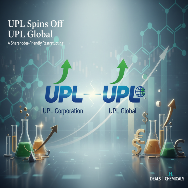 UPL and UPL Global logos with upward arrows, financial symbols, and chemical beakers against a molecular background.